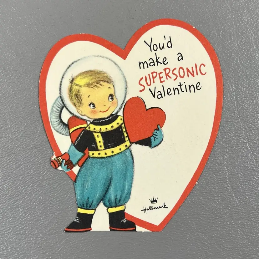 Vintage Hallmark Valentine Card Astronaut Boy Die Cut You'd Make A Supersonic 3.25"
