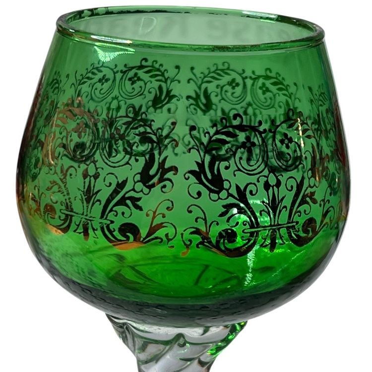 Vintage Italian Blown Green Gilded Murano Twisted Stem Wine Glass