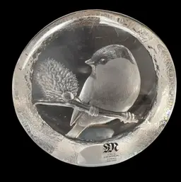 Mats Jonasson Lead Crystal Etched Chickadee Paperweight Signed
