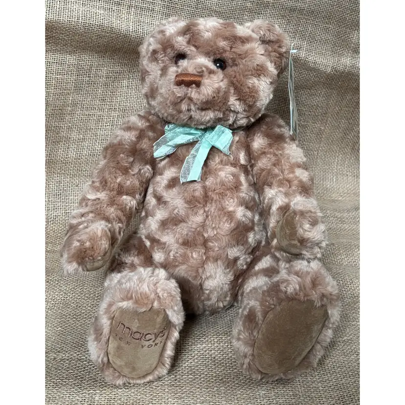 Gund Macys Jointed Teddy Bear Plush Stuffed Animal Light Brown Green Bow