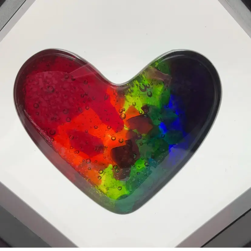 Made by Me! Fused Glass Heart Rainbow Pride LGBTQ 1 3/4" Handcrafted Studio Art Framed