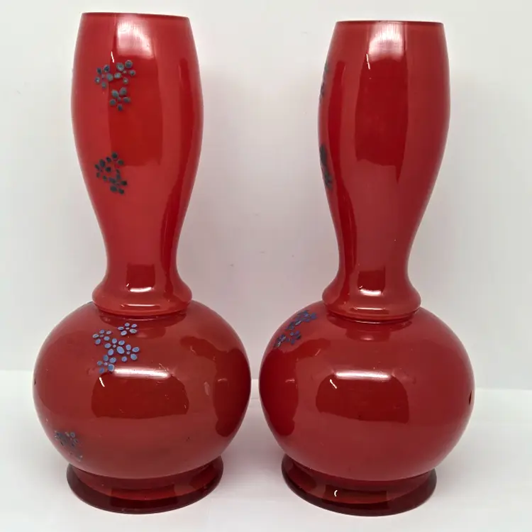 Vintage 1 Pair Red Glass Vases with Hand Painted Blue Flowers