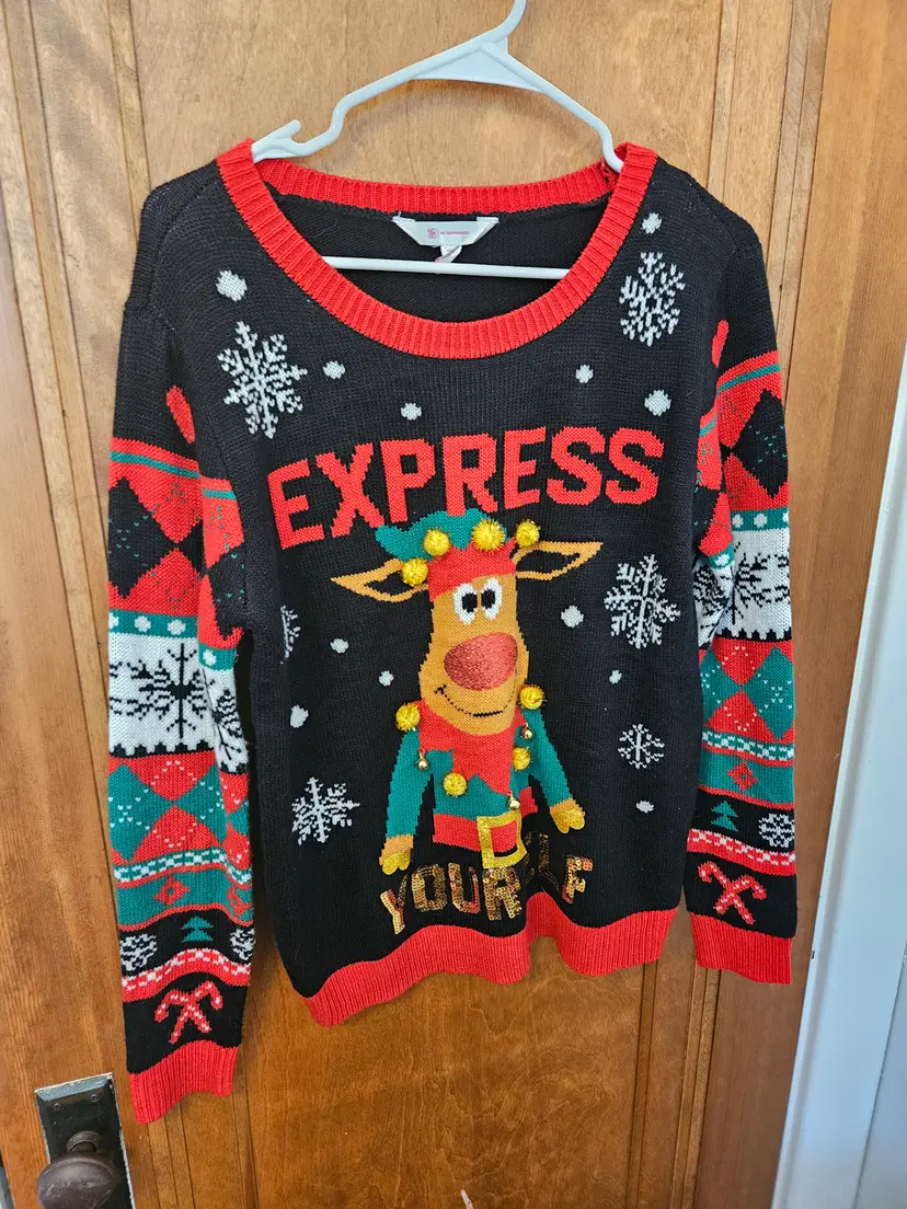 Ugly Christmas Sweater Express Reindeer, Lg 11-13, No Boundaries