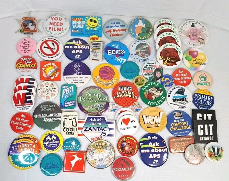Lot of 65 Vintage 80s 90s Promo Pins Brands Sports Christmas Jordache Gitano