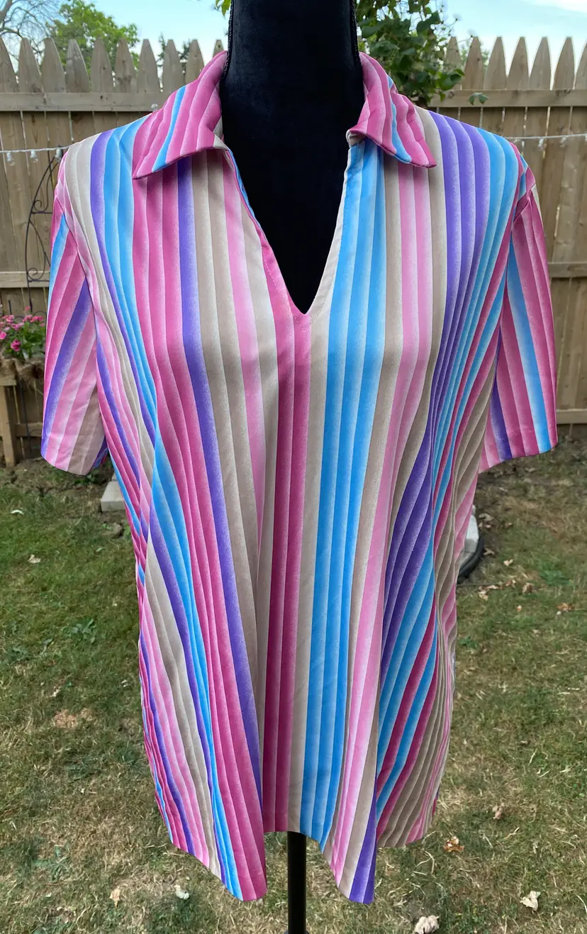 Vintage Teddi of California Pink/Blue/Purple/Brown Striped Short Sleeve Polyester Blouse XL