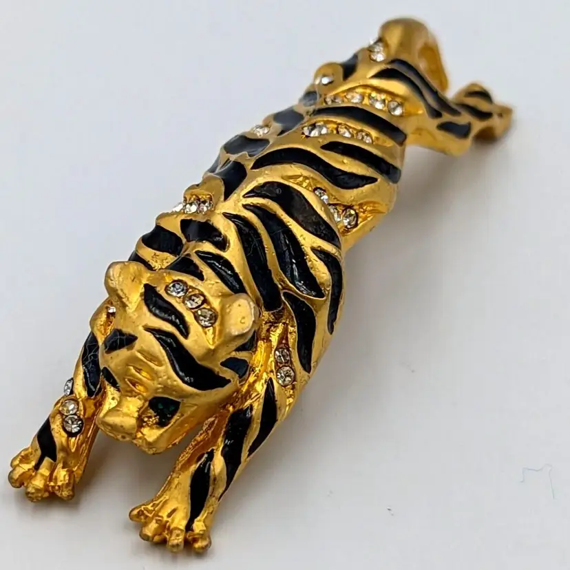 Tiger Rhinestones Brooch Vintage Gold Tone Statement Green Eyes Unmarked Pin