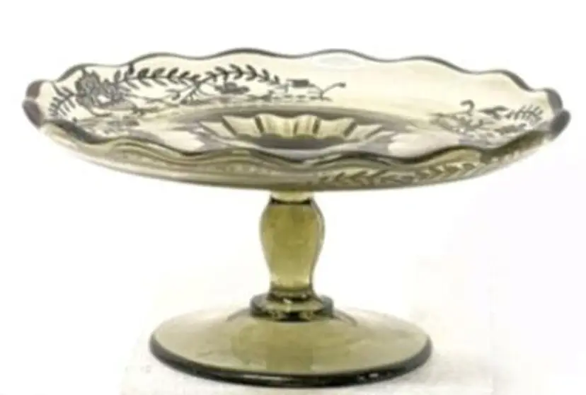 Vintage Smokey Green Footed Plate With Silver Overlay