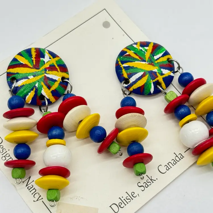 Vintage 1980’s Hand Made  Earrings Leather Metal Wood Mixed Material Retro OOAK