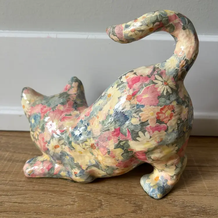 VTG Decoupage Fabric Glazed Kitty Cat Figurine