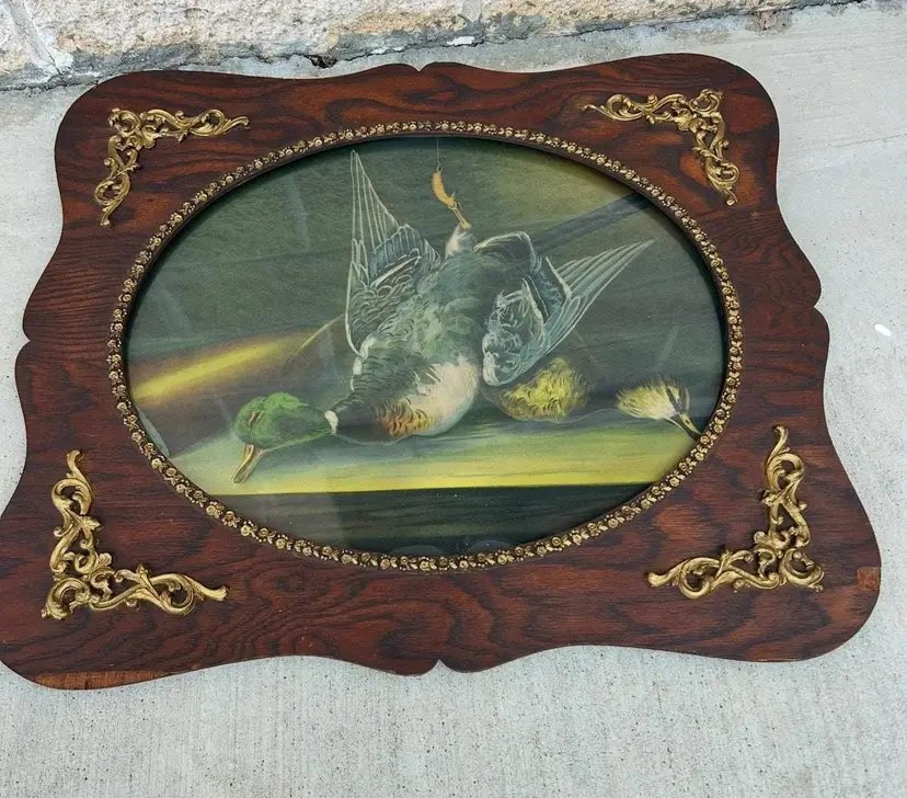 Victorian Tiger Oak Frame: Duck Print, Convex Glass, Rococo Corners