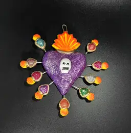 Dia De Los Muertos (Day Of The Dead) Folk Art Sacred Heart W/ Skull Wall Hanger