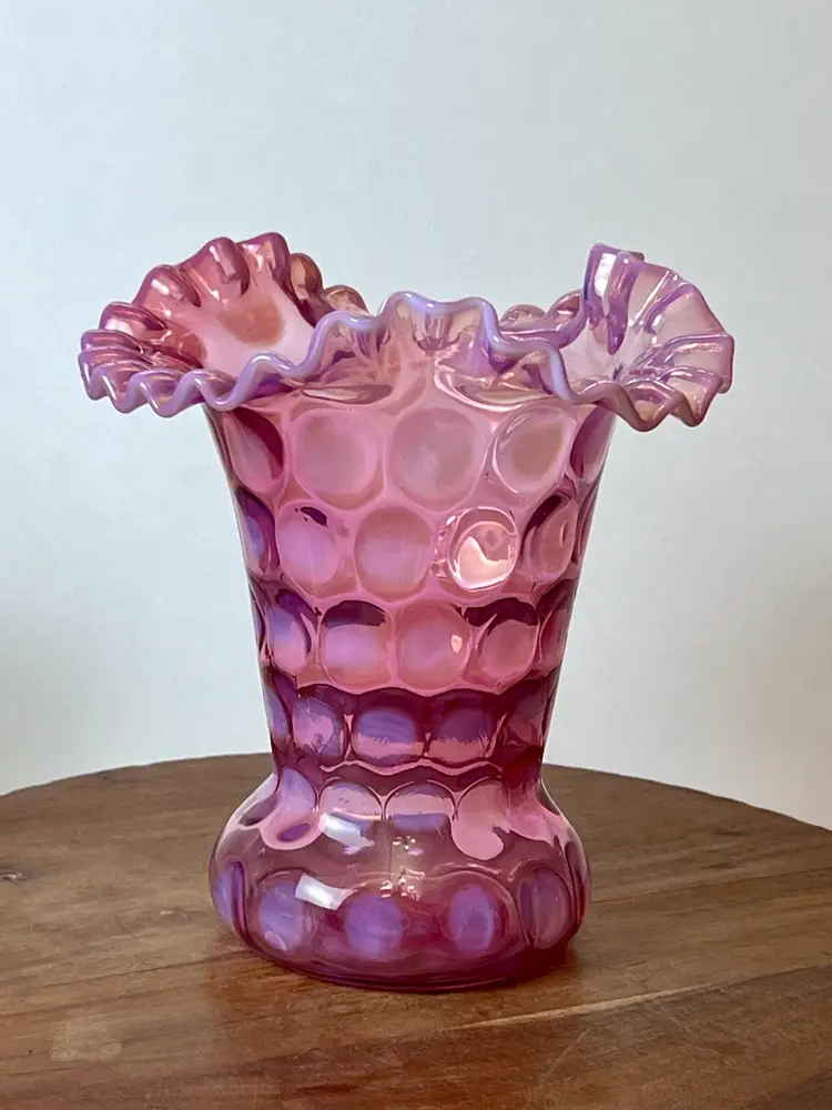 Fenton Cranberry Pink Coin Dot Ruffled Vase