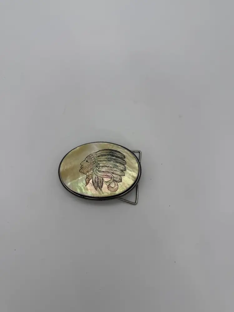 Mother Of Pearl Painted Native American Vintage Belt Buckle Oval Silver Tone