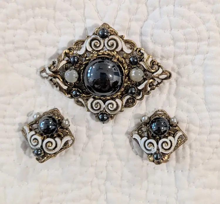 Vintage Brooch and Clip On Earring Set in Antique Gold Tone Setting with White Enamel, Hematite and Faux Pearls