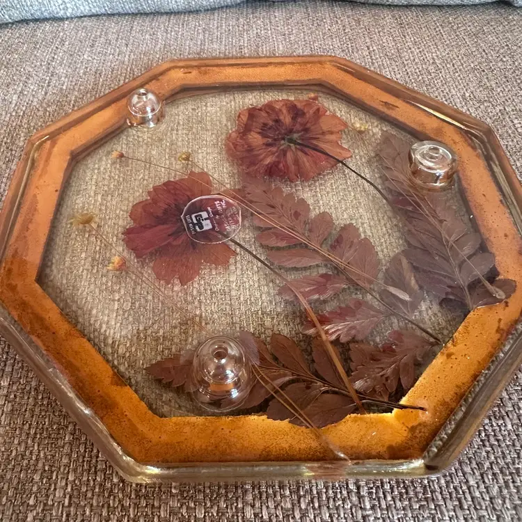 Vintage 1970s Lucite Acrylic Design Gifts Octagon Shape Trivet Dried Flowers MCM