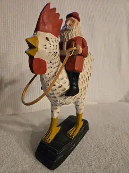 Hand Carved Wooden Santa Claus Riding A Rooster