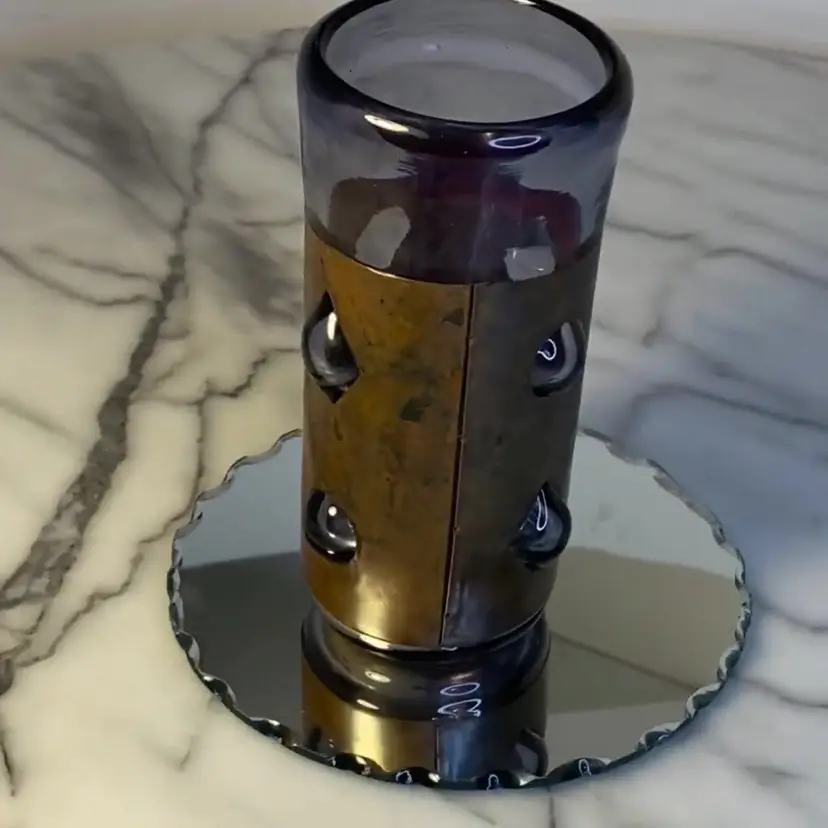 #1312 MCM Brutalist Felipe Derflingher Cage Imprisoned Glass Tumbler Vase Purple brown