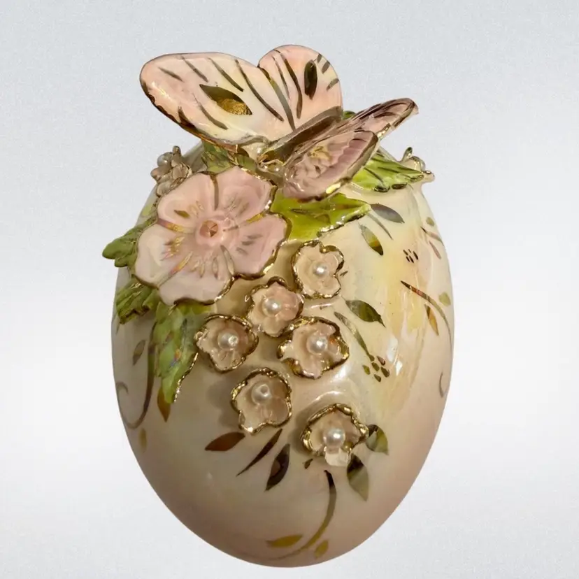 Vintage Porcelain Egg Figurine Shelf Art  Pink Hollow Egg with 3D Butterfly And Flowers  Easter