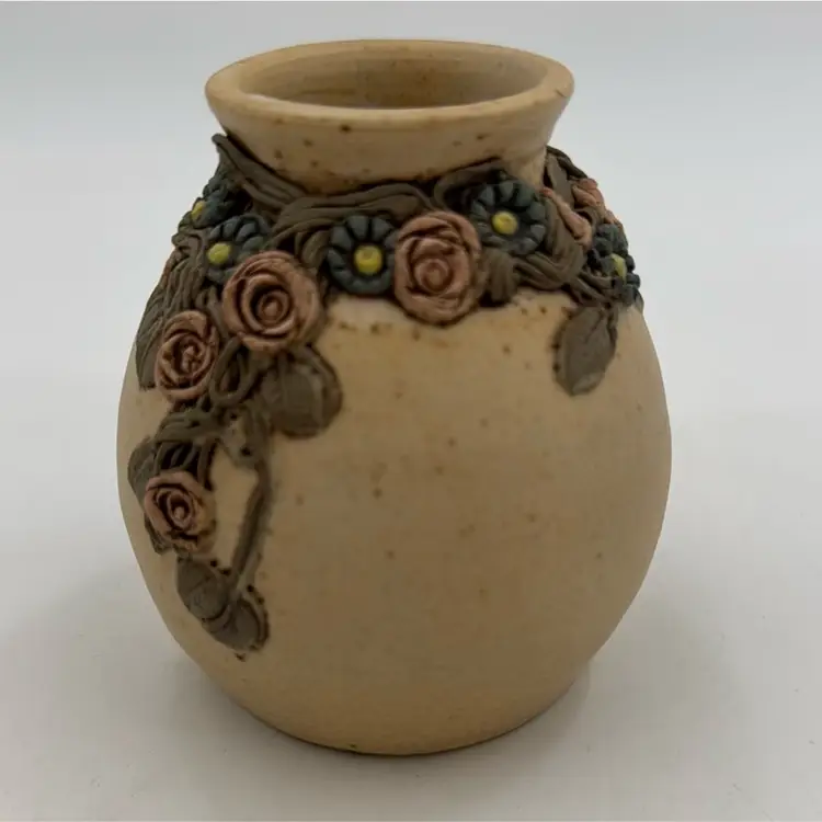 #01 Vintage Vase  studio art pottery applied flowers signed