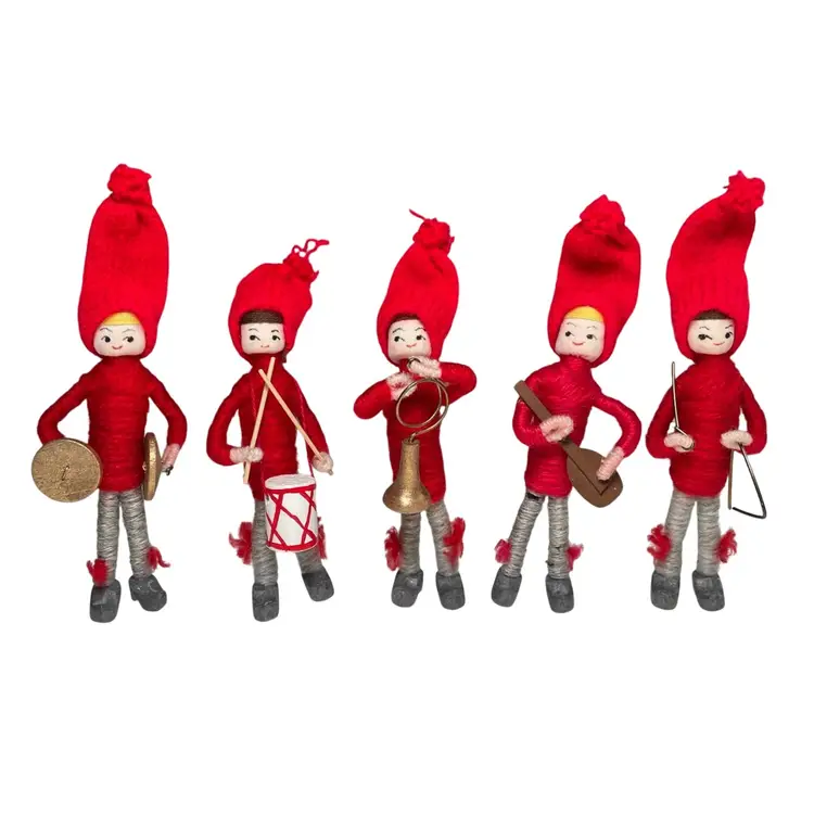 Vintage Anne Beate Pixie Orchestra Yarn Wrapped Dolls Denmark Christmas Red Winter 4"