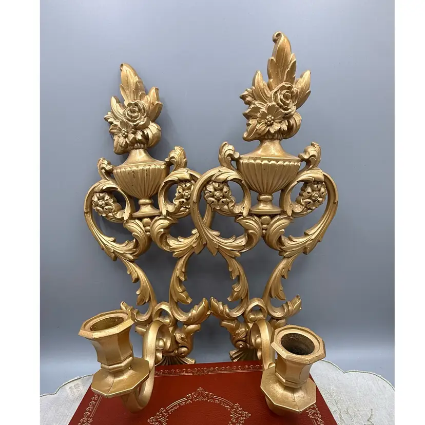 🐞Vtg 1969 Dart Industries Gold Wall Sconces Pair 4036 Ornate Floral Hollywood Regency Candle Holders