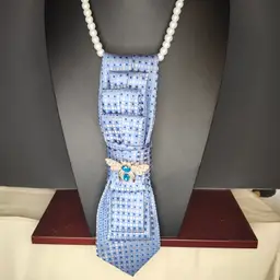 Upcycled Blue Elegance Tie Necklace with Brooch