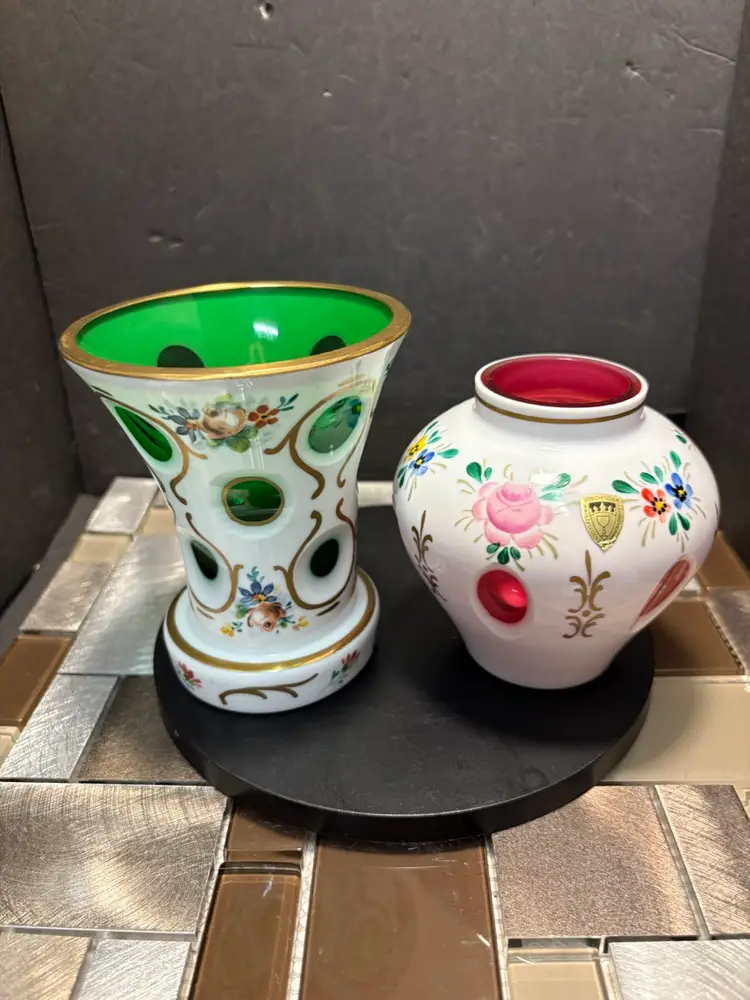 Vintage Pair Czech Bohemian Glass Cased White Overlay Cut to  Cranberry 4” &cut to emerald green 6” VASES