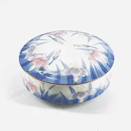 3” Trinket Box Porcelain By Otigiri - JapanHand Painted Pink & Purple Iris Blue w/ Gold Trim