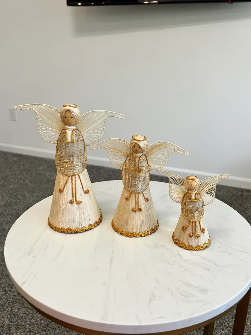 Folk Art Angels Christmas Figurine Ornament Set of 3 Choir Straw Raffia Rustic