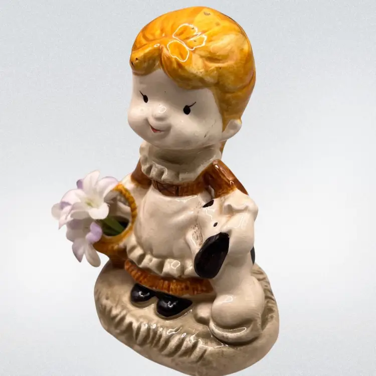 Glazed Ceramic Girl With Puppy Figurine And Fabric Flowers Japan 4.25”