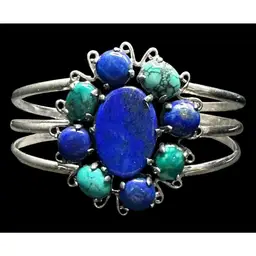 Lapis Lazuli & Tibetan Turquoise 925 Sterling Silver Cuff Bracelet, Large Setting - NWOT