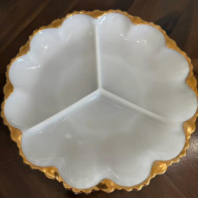 Vintage milk glass divided serving plate with gold gilt scalloped edge.