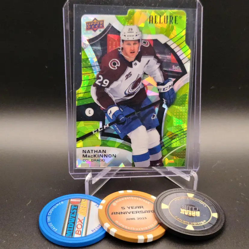 2021-22 Upper Deck Allure Nathan MacKinnon Green Rainbow Die Cut Parallel Numbered 32 Of 99 Card # 24 - Colorado Avalanche Hockey Card