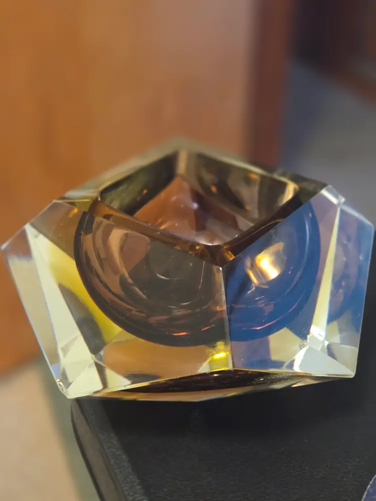 Vintage Murano Bowl Ashtray Mid Century Modern Faceted Clear & Brown Art Glass