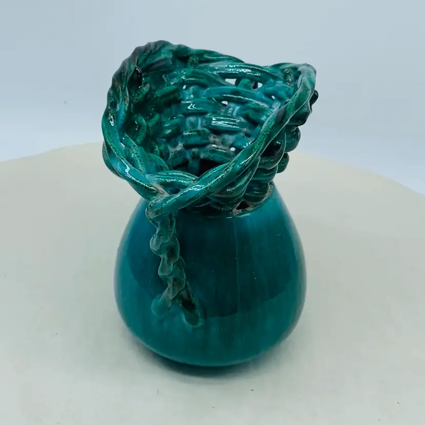 #2222 WOVEN Vintage Decorative Art Pottery Vase Made in Belgium Woven Top Two Handles