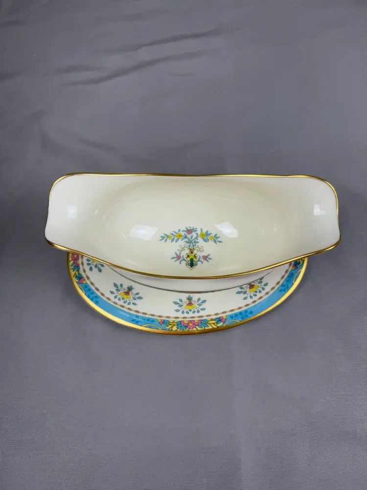 Vintage Lenox Blue Tree Gold Trim Gravy Boat With Attached Underplate