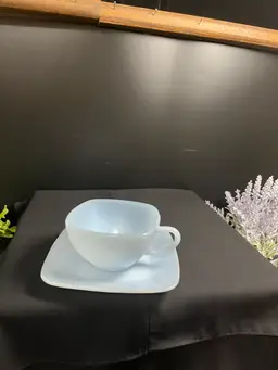 #01 Anchor Hocking Fire King Delphite Azurite Blue Translucent Square Cup & Saucer