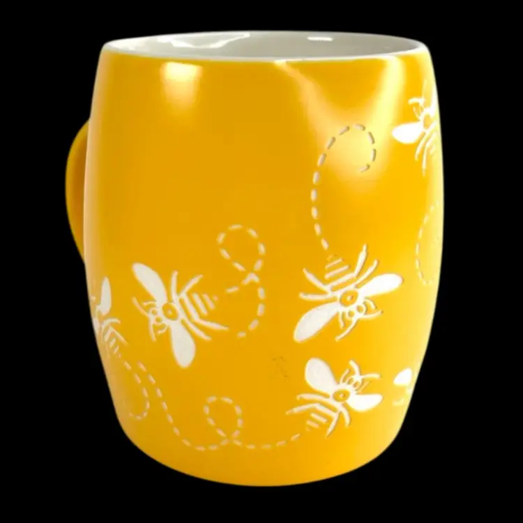 Bee 🐝 Yellow Ceramic Mount Vernon Coffee/ Tea Mug. Surface Is Engraved With The Bees & Buzzing Trails.