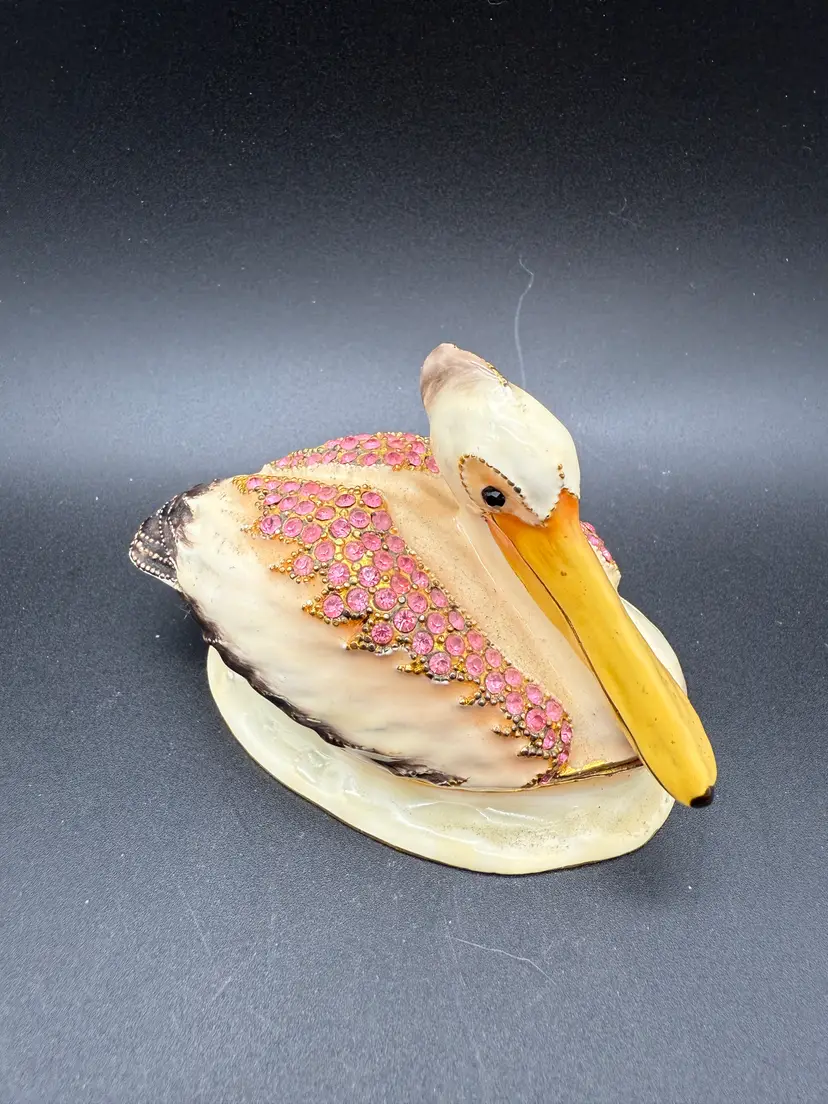 Pelican Trinket Box Enamel with Pink Rhinestones