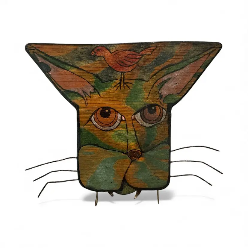 Hand Painted And Crafted Cat And Bird Wooden Wall Key Or Hat Hanger Wall Decor
