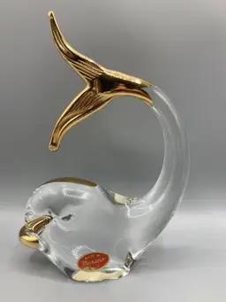 Murano Glass Dolphin Whale Fish Figurine Sculpture Paperweight with Gold Trim and Original Sticker - Vintage