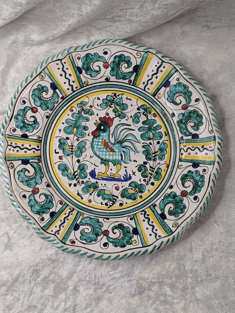Vtg PV Deruta Italy Teal BLUE ROOSTER Peasant Valley Dinner Plate 10" Chicken