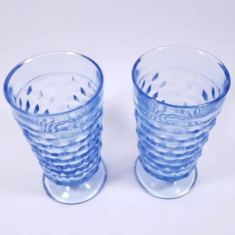 Vintage MCM INDIANA WHITEHALL COLONY Light Blue Cubist Glass TUMBLER SET