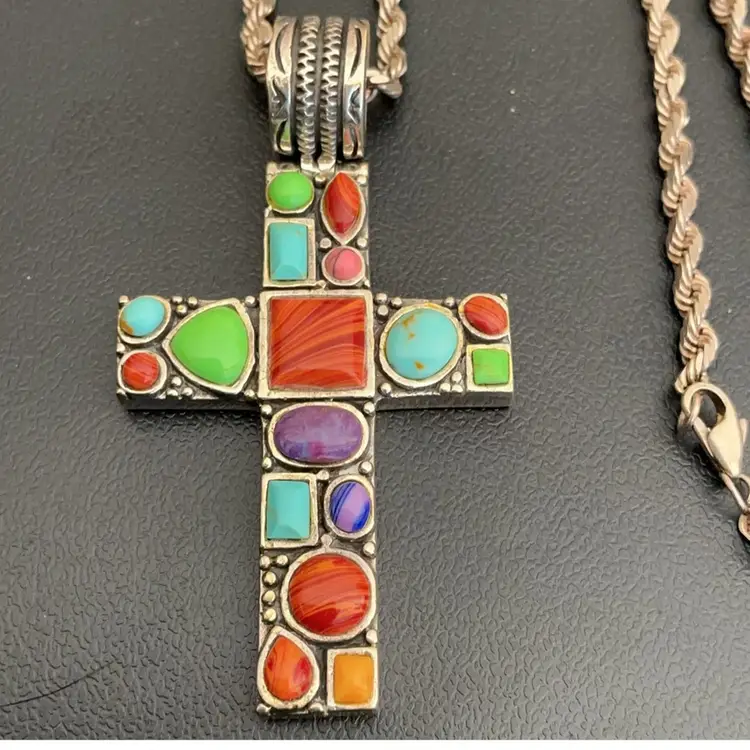 Sterling Cross Turquoise Lapis Coral Spiny Orange Pendant Necklace