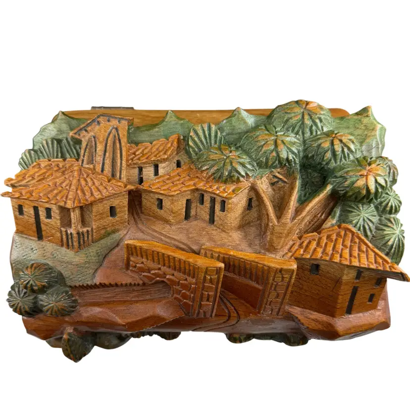 Vintage Hand Carved Spanish Cedar Wood Jewelry/Keepsake  Box-Honduran Village 3D Relief Aromatic READ
6” T x 8” L x 5.5” W