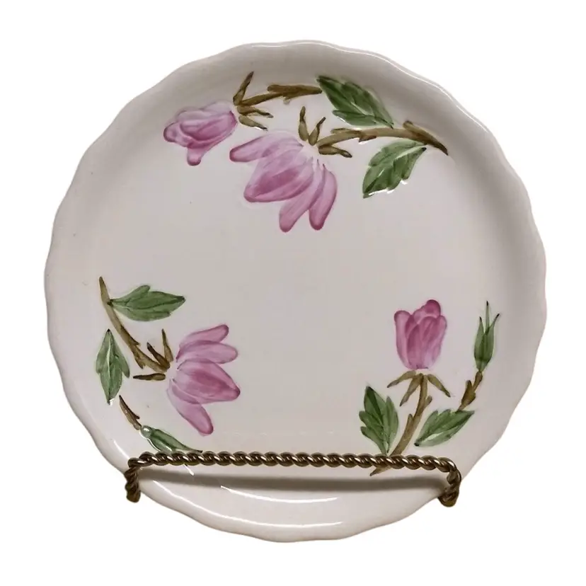 Continental Kilns 8-1/2" Salad Plate. Vintage 1940s to 1959s. Pretty Hand Painted Pink Flowers. Pattern: Green Arbor.