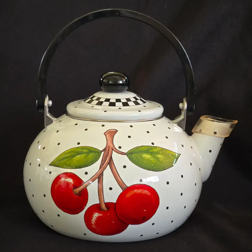 Teapot Cherries Mary Engelbreit Enameled Metal Tea Kettle Kitchen Full Size Vintage