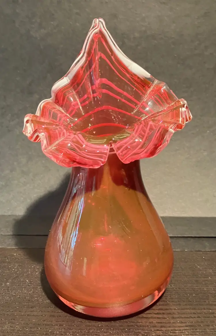 Art Glass Pink White Striped Ruffled Jack-in-a-Pulpit Vase -READ