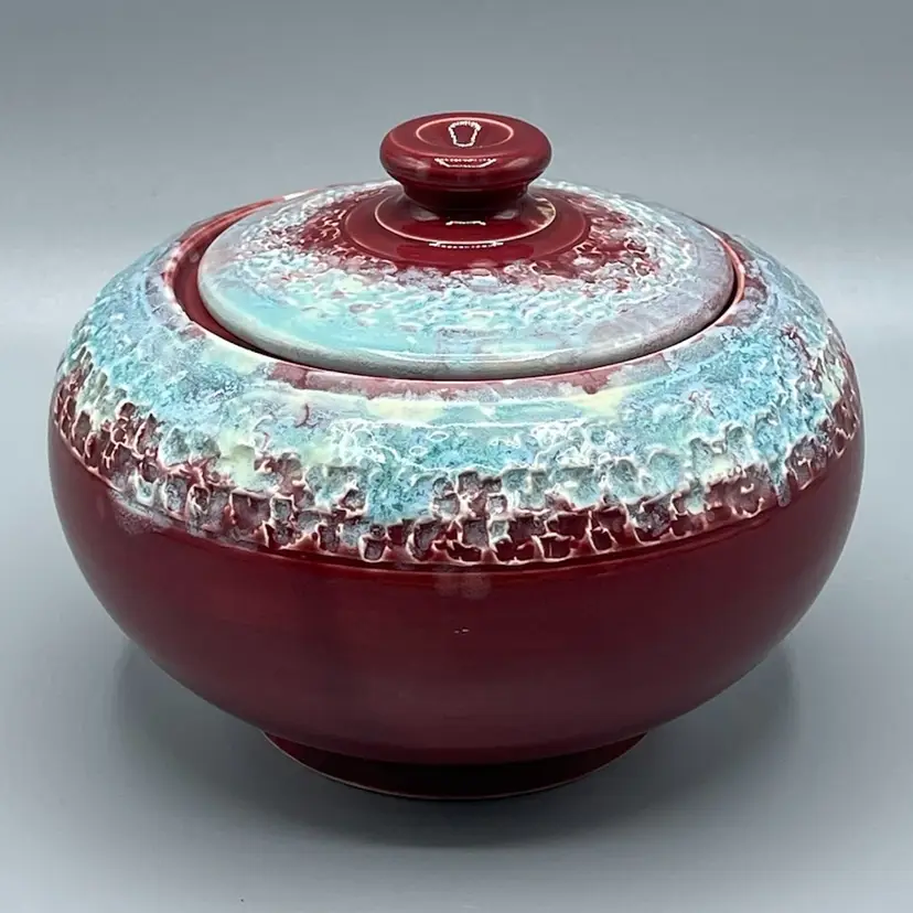 Crown Devon Aladdin England Pottery Humidor Lidded Dish Jar Purple & Blue Drip Glaze AS IS