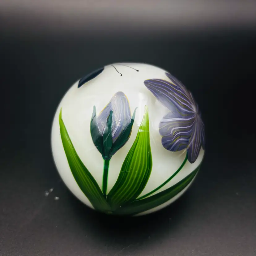 Vintage Steven Lundberg Prototype #1 Art Glass Paperweight Purple Floral 1997 Lundberg Studios Prototype